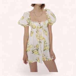 For Love & Lemons Sunny Lemon Serafina Puff Sleeve Summer Mini Dress NWT Size S